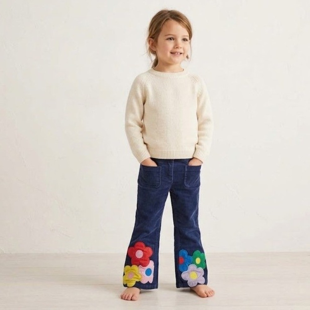 Boden Girls Corduroy Pants 5Y Blue Floral Applique Flared Retro Kidcore Boho